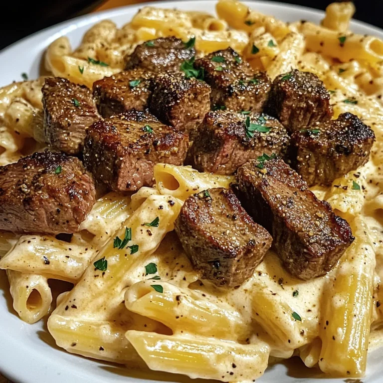 Cajun Steak Tips with Penne in Creamy Parmesan Cheese Sauce