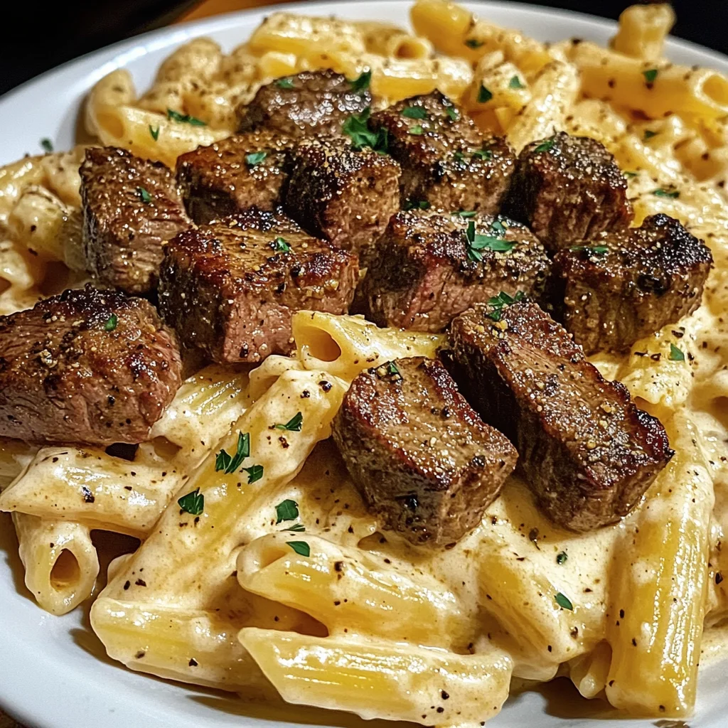 Cajun Steak Tips with Penne in Creamy Parmesan Cheese Sauce