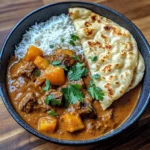 Coconut Beef Curry with Fragrant Basmati Rice and Naan