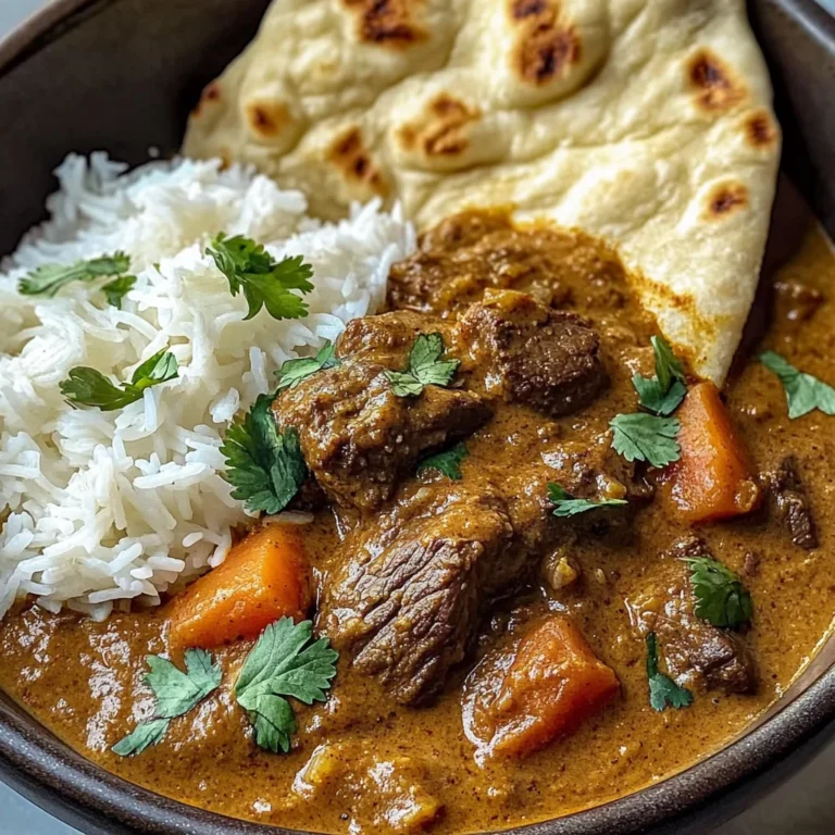Slow-Cooked Beef in Creamy Coconut Curry with Rice and Garlic Naan
